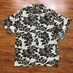 NWT Boys Quicksilver Brown Cream Hawaiian Floral Short Sleeve Button Shirt XL